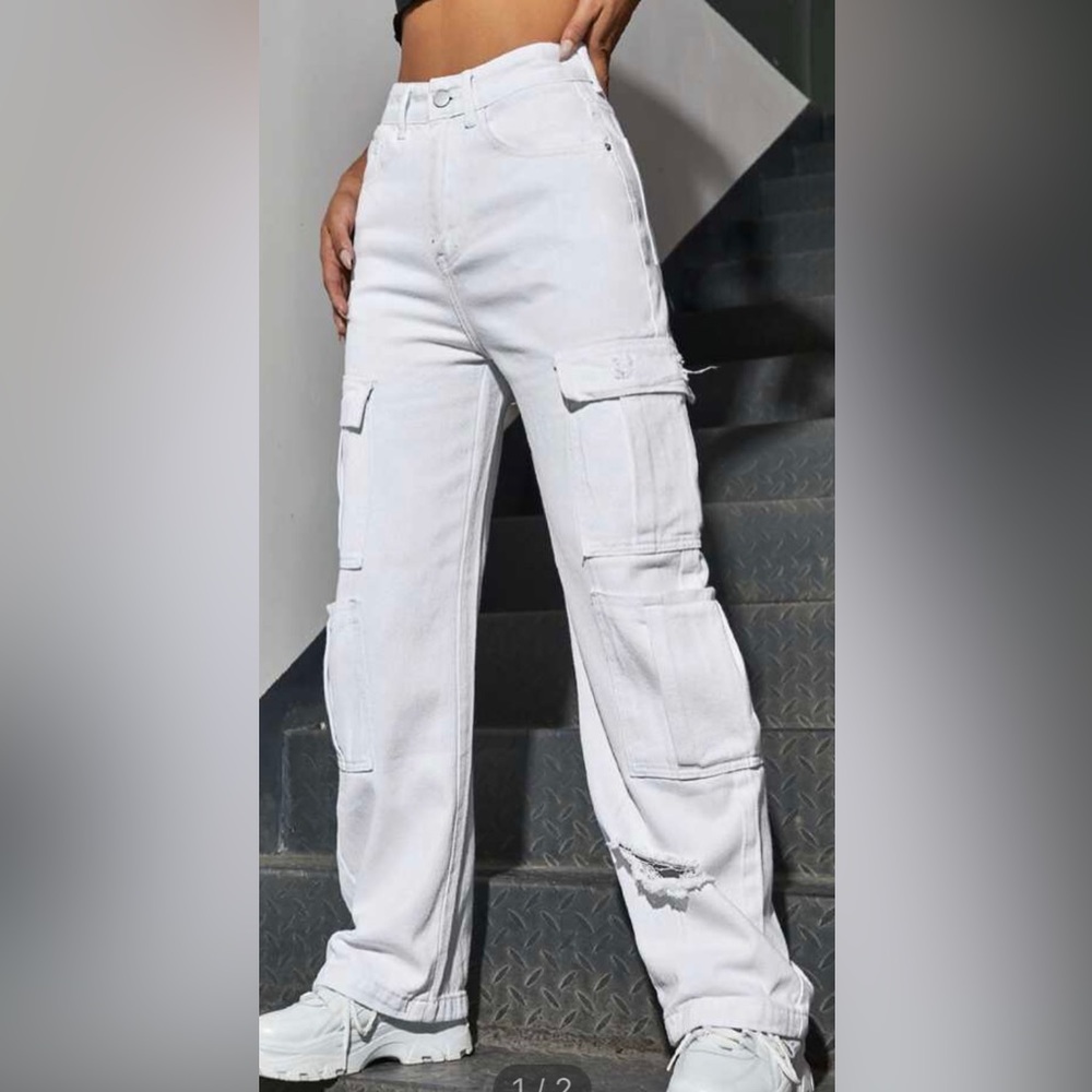 SHEIN EZwear High Waist Western Flap Cargo Ripped Jeans